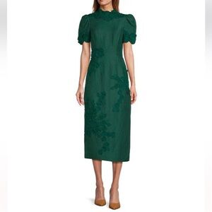 Antonio Melani Willow Floral Applique Mock Neck Short Sleeve Midi Dress Emerald
